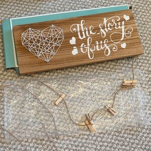 Rustic Wood Wall Plaque with White Heart String Art and Script— NWOT